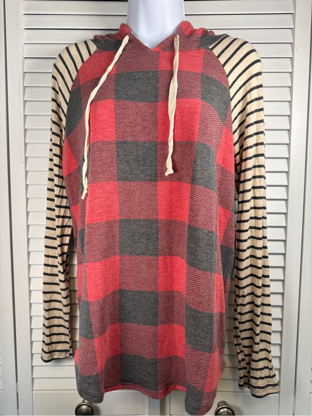 Plaid Red and Gray Hooded Sweater with Striped Sleeves